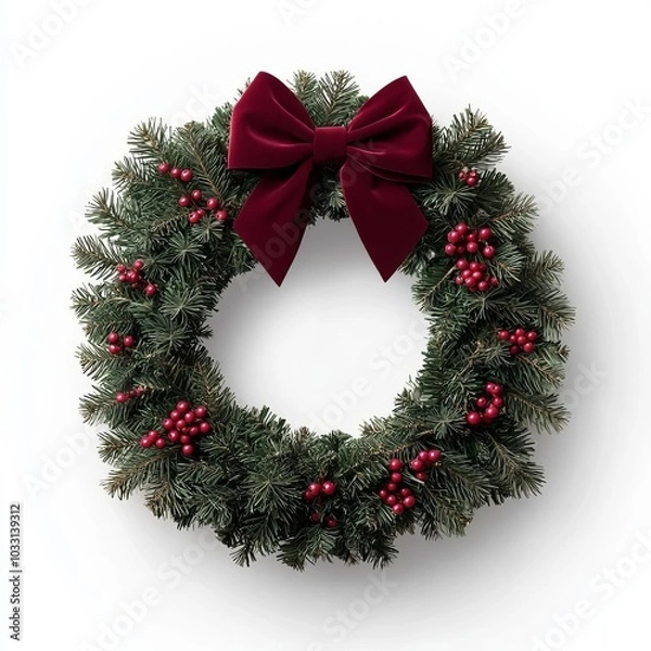 Obraz Christmas wreath with red bow and berries, white isolated background