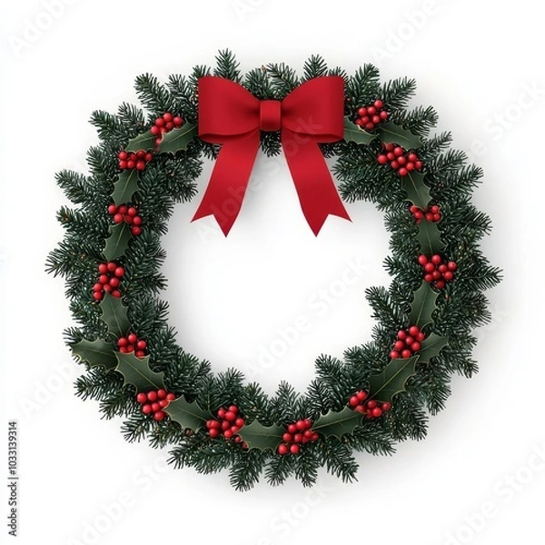 Obraz Christmas wreath with red bow and berries, white isolate background