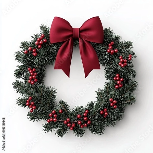 Obraz Christmas wreath with red bow and berries, white isolate background