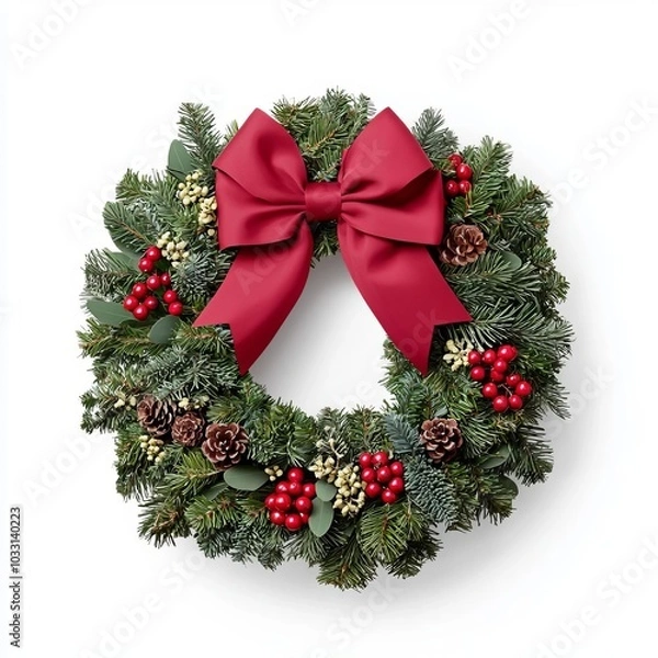 Obraz Festive Christmas wreath with red bow and pine decorations