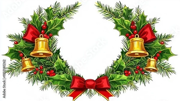 Obraz Festive holiday wreath with bows and bells on white background.