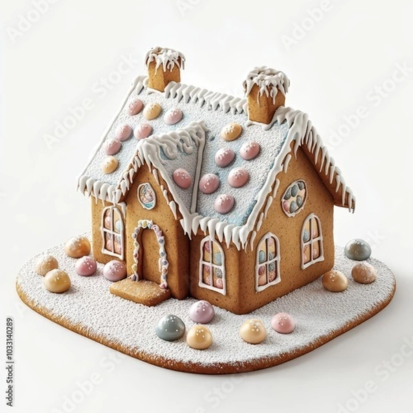 Obraz Gingerbread house, colorful candies, white isolate background