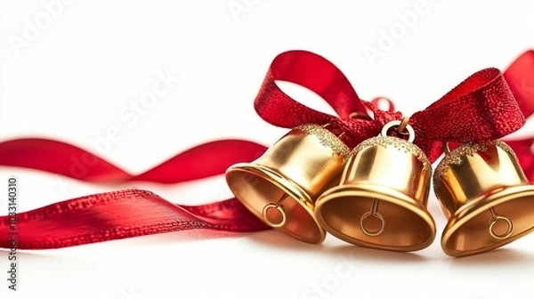 Obraz Golden bells tied with a red ribbon, white isolate background.