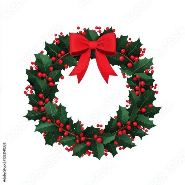 Obraz Holly wreath with red bow, white isolate background