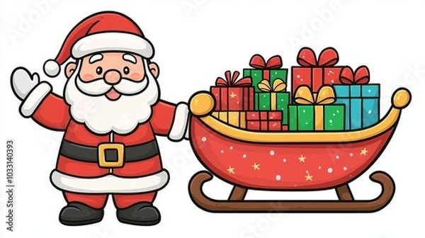 Obraz Santa with sleigh full of colorful gifts, white isolate background