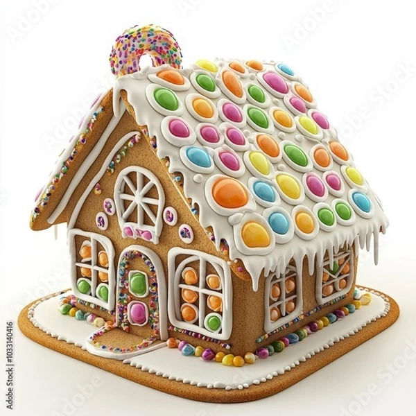 Obraz Colorful gingerbread house with candy decorations, white background