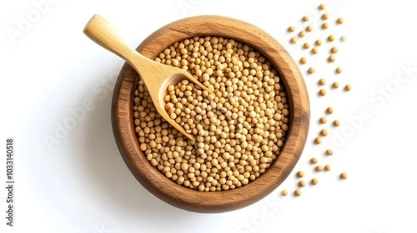 Fototapeta Closeup soy beans in wooden bowl and scoop isolated on white background. 