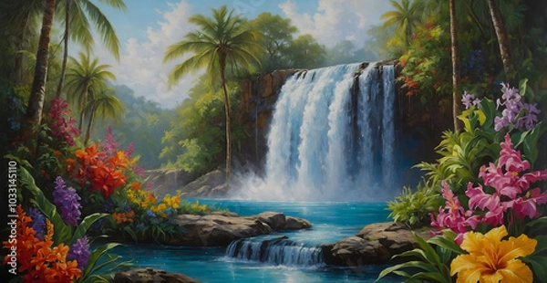 Fototapeta Tropical paradise, waterfall cascading into a serene pool and surrounded by lush vegetation.