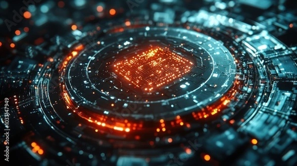 Fototapeta A futuristic digital circuit design with glowing elements in a dark, high-tech environment.