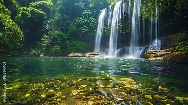 Fototapeta Crystal-clear waterfall cascading into a lush jungle pool