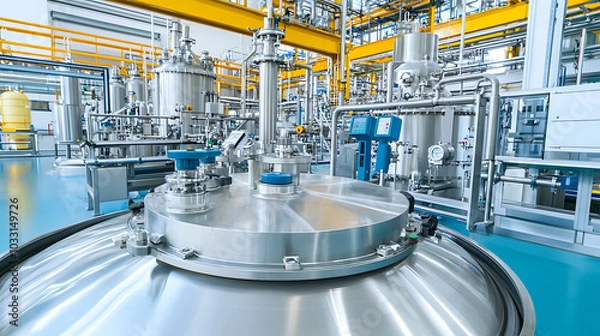 Obraz close up view of modern industrial facility showcasing fuel blending process with large stainless steel tanks and advanced machinery. environment reflects high tech production area