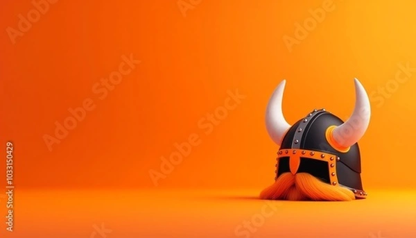 Fototapeta A colorful viking helmet set against an orange background, symbolizing adventure and history.