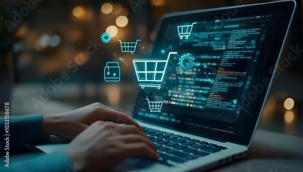 Fototapeta A person using their laptop to shop online, with icons of shopping carts and products floating above the screen