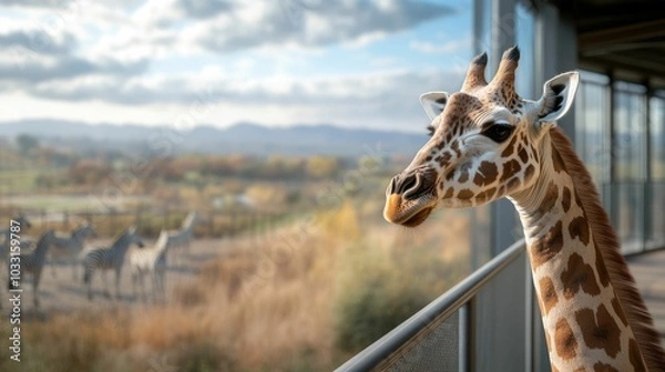 Obraz Visitors standing on an elevated walkway looking down at the savanna exhibit with giraffes and zebras at the zoo
