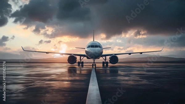 Fototapeta Passenger wide body airplane. Aircraft on the airport runway at the sunset time