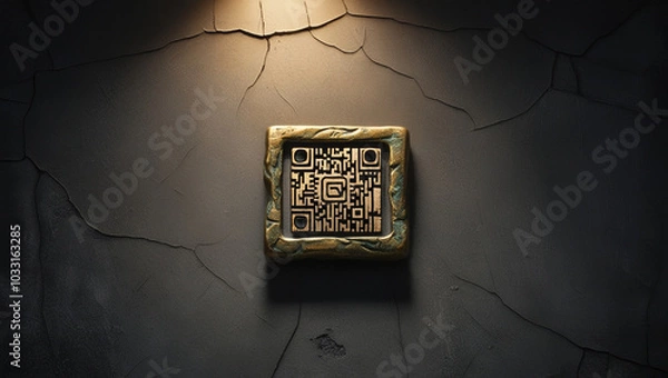 Fototapeta Aged Bronze QR Code on Dark Gray Weathered Background