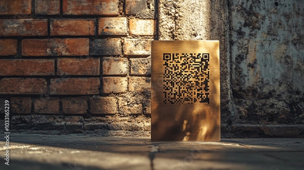 Fototapeta Sleek QR Code Engraved on Aluminum Plate in Front of Brick Wall at Golden Hour