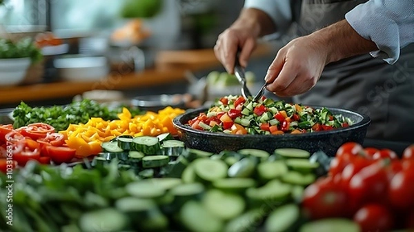 Obraz A chef preparing a salad with fresh ingredients.