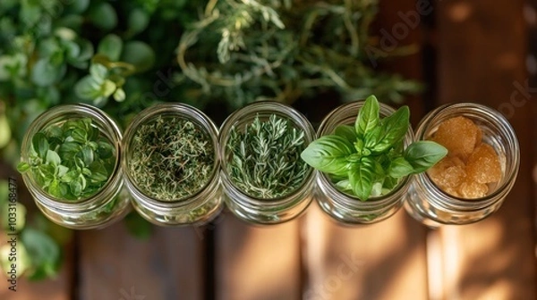 Fototapeta A collection of fresh herbs in jars, showcasing vibrant greens and natural textures.