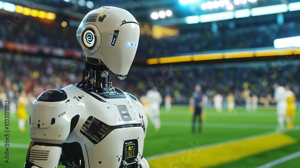 Fototapeta A robot referee monitoring a soccer game, equipped with advanced sensors and cameras