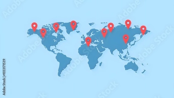 Fototapeta A simple, flat vector design of a world map with pins on various cities, representing global presence and business growth.