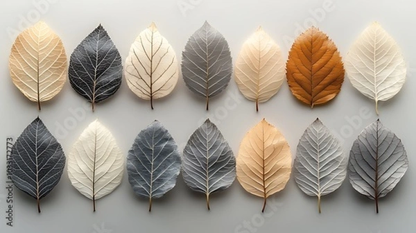 Fototapeta A row of 14 autumn leaves in various shades of brown, beige, grey, and white, arranged in a neat pattern on a white background.