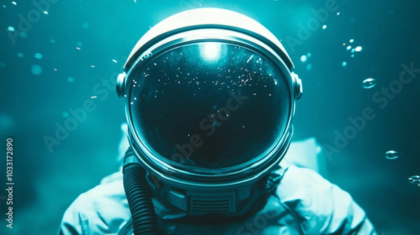 Fototapeta An astronaut in a diving suit, exploring the depths of an ocean. Bubbles surround them, creating a mesmerizing underwater scene.