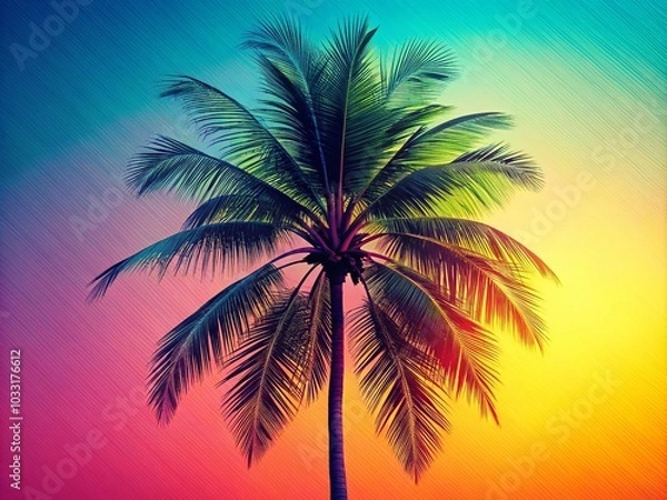 Fototapeta Tropical Palm Tree in Risographic Style - Vibrant Eco-Friendly Art for Modern Decor