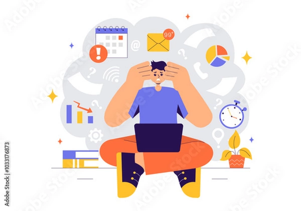 Obraz Overloading Vector Illustration of a Busy Employee Multitasking to Complete Numerous Documents and Digital Tasks in a Flat Style Cartoon Background