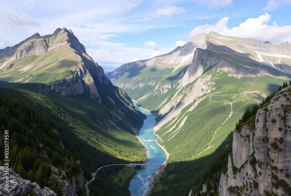 Fototapeta _ . M – Two mountains with a river running between them, formi