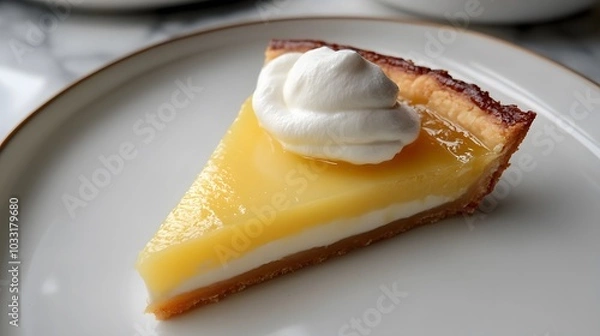 Fototapeta A slice of lemon tart, with a perfectly browned crust and a dollop of whipped cream on top.


