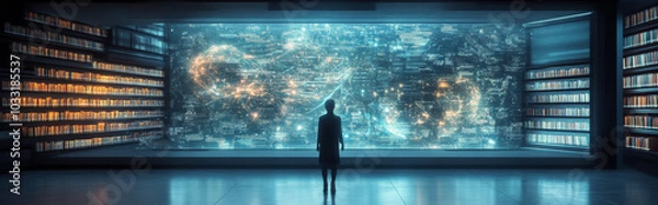 Fototapeta Futuristic library, where AI organizes and presents information as glowing holograms