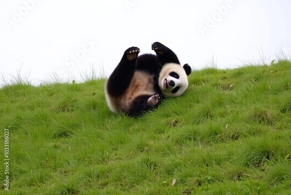 Obraz Panda rolling down a hill A panda tumbling down a grassy slope