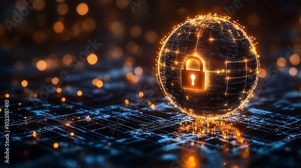 Fototapeta A locked globe with secure digital lines representing cybersecurity across nations.