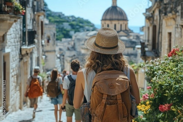 Fototapeta A traveler with a backpack walks down a scenic street lined with flowers and historic buildings.