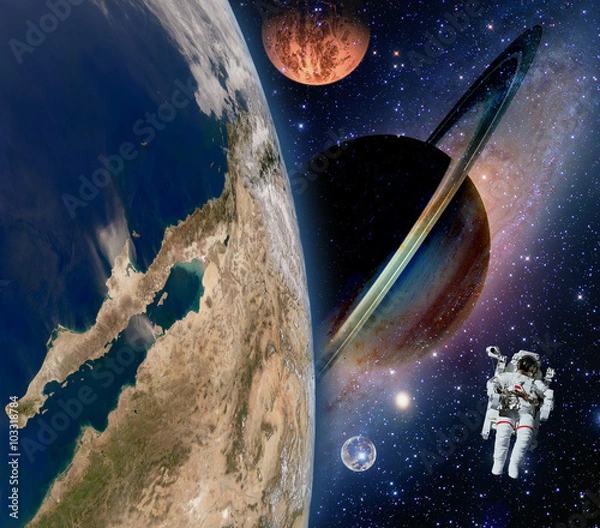 Fototapeta Astronaut spaceman mars saturn planet spacewalk earth outer space walk galaxy. Elements of this image furnished by NASA.