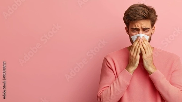 Fototapeta Man with tissue covering nose, wearing a pink sweater, appearing to sneeze or have a cold, set against a soft pink background, representing seasonal allergies, cold, and flu themes