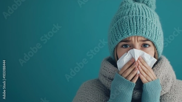 Fototapeta A girl dressed in a knitted hat and scarf holds a tissue to her nose, looking sick and uncomfortable. The soft winter clothes and teal background highlight the cold and flu theme,