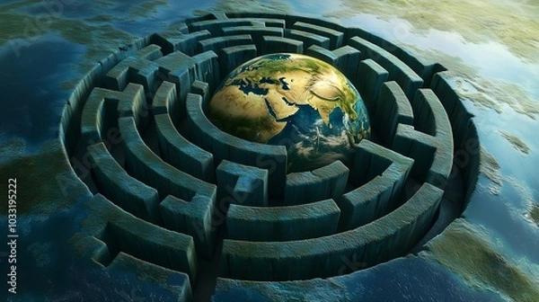 Fototapeta Earth Inside a Labyrinth Representing Global Challenges and Solutions