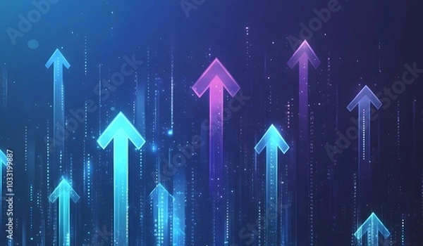 Fototapeta Abstract background with glowing blue arrows pointing upwards, symbolizing growth and success in business or public transport industry on a dark blue background. 