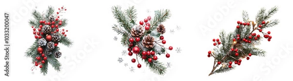 Obraz Christmas pine and berry decorations isolated on transparent PNG background perfect for holiday designs or festive decorations