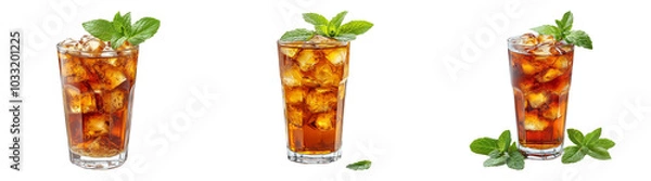 Fototapeta Iced tea with mint leaves and lemon slices isolated on transparent PNG background perfect for beverage or summer drink designs