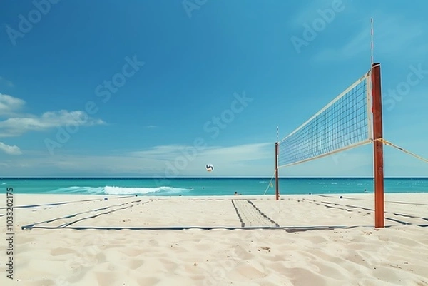 Fototapeta A vibrant beach volleyball court set up on pristine sand with a bright blue sky and gentle ocean waves in the background capturing the essence of seaside recreation
