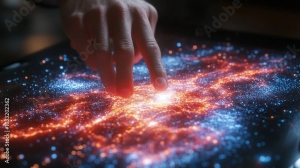 Fototapeta Hand Interacting with Glowing Red and Blue Particles on Digital Interface
