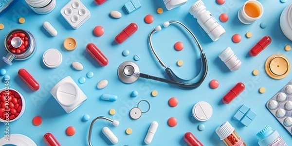 Fototapeta Stethoscope and Medical Equipment on a Minimal Background with DNA, Virus, and Cell Imagery Representing Healthcare and Pharmaceutical Research.