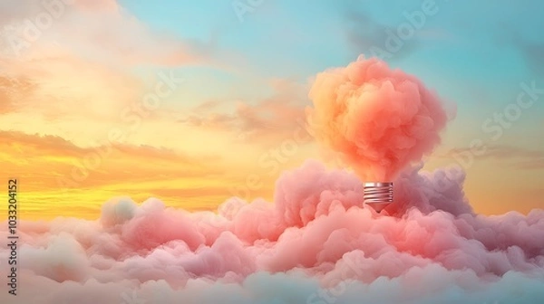 Fototapeta A dreamy sunset a tower emerges from colorful clouds in a serene sky filled with pastel hues and soft light