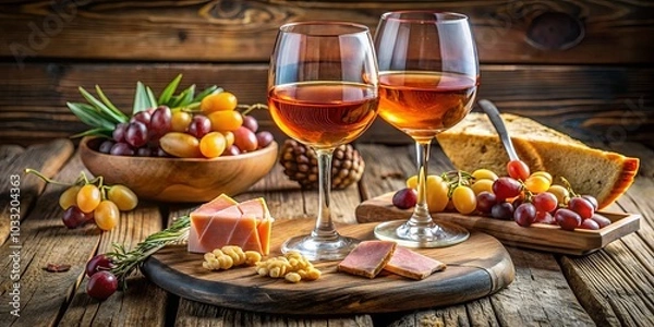 Fototapeta A Rustic Still Life of Two Glasses of Wine, Grapes, and Cheese on a Wooden Table