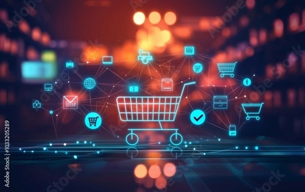 Obraz Distribution and logistics concept of global digital internet marketing and business e-commerce banner graphic concept showing global network and social media connection technology. Generative AI