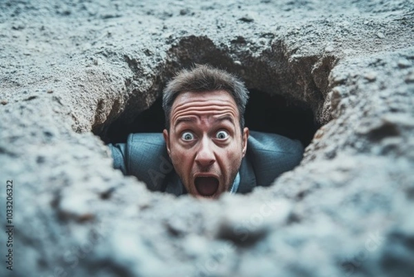 Fototapeta Failure or mistake causing catastrophe despair, problem or risk from crisis or recession, danger or business accident, trouble, loss or pitfall concept, terrified businessman fall down into the, Gener