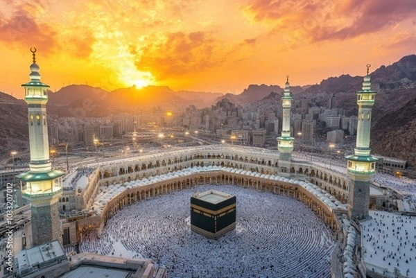 Fototapeta Sunset at the Haram Mosque, with thousands of pilgrims performing evening prayers